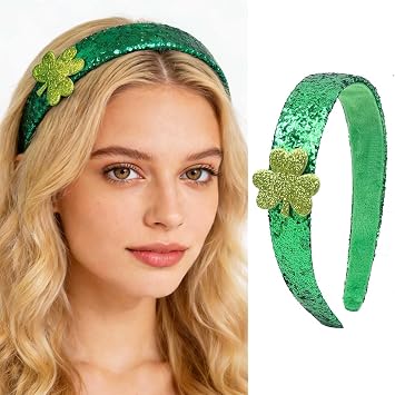 Acenail Wide Headbands Glitter Green Shamrock Headband Stretch Clover Hairbands Non Slip Irish Headpiece St. Patricks Day Hair Accessories for Women