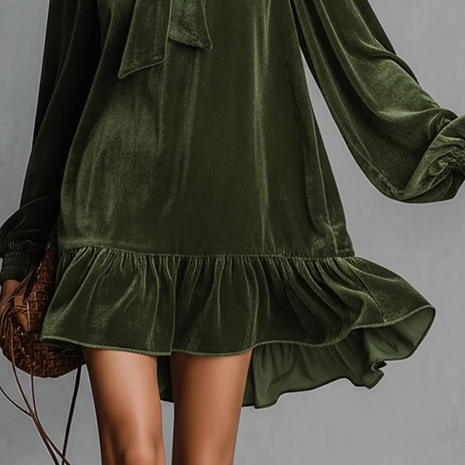 Women's Tie Neck Velvet Babydoll Dress Elegant Long Sleeve Ruffle Hem Casual Beach Flowy Cocktail Party Mini Dresses - Image 5