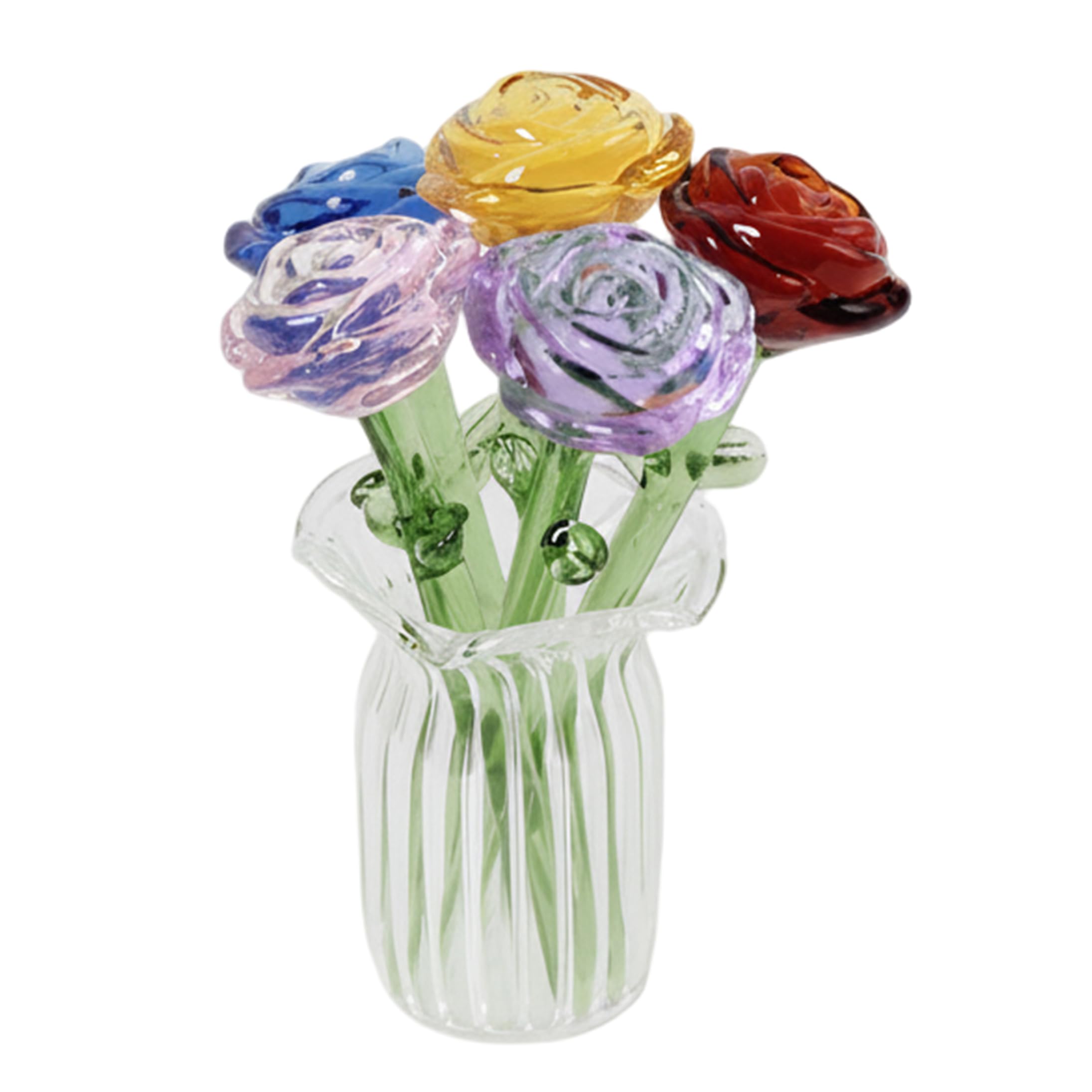 Mini Glass Flowers 5-Pack Mini Glass Flowers in Vase, Rose Bouquet with Vase, Multicolor Handcrafted, Desktop & Car Decor, Creative Present