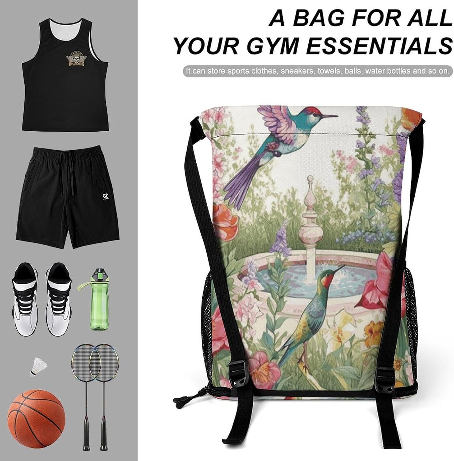 Fitness Drawstring Backpack Waterproof Gym Bag Garden with Birds And Flowers Lightweight Dry And Wet Separation Swim Bag
