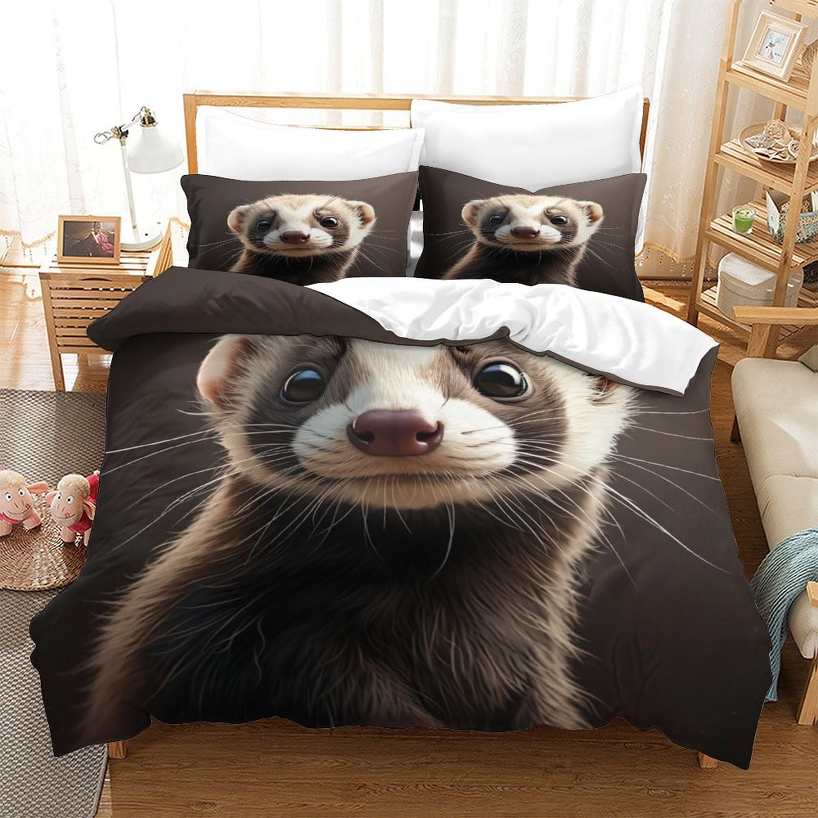 BARDYS Ferret Duvet Cover Quilt Cover for Boys Girls 3D Print Cute Animals Comforter Covers with Pillow Cases Soft Microfiber Bedding Set with Zipper Closure 3 Pieces Single（140x200cm）