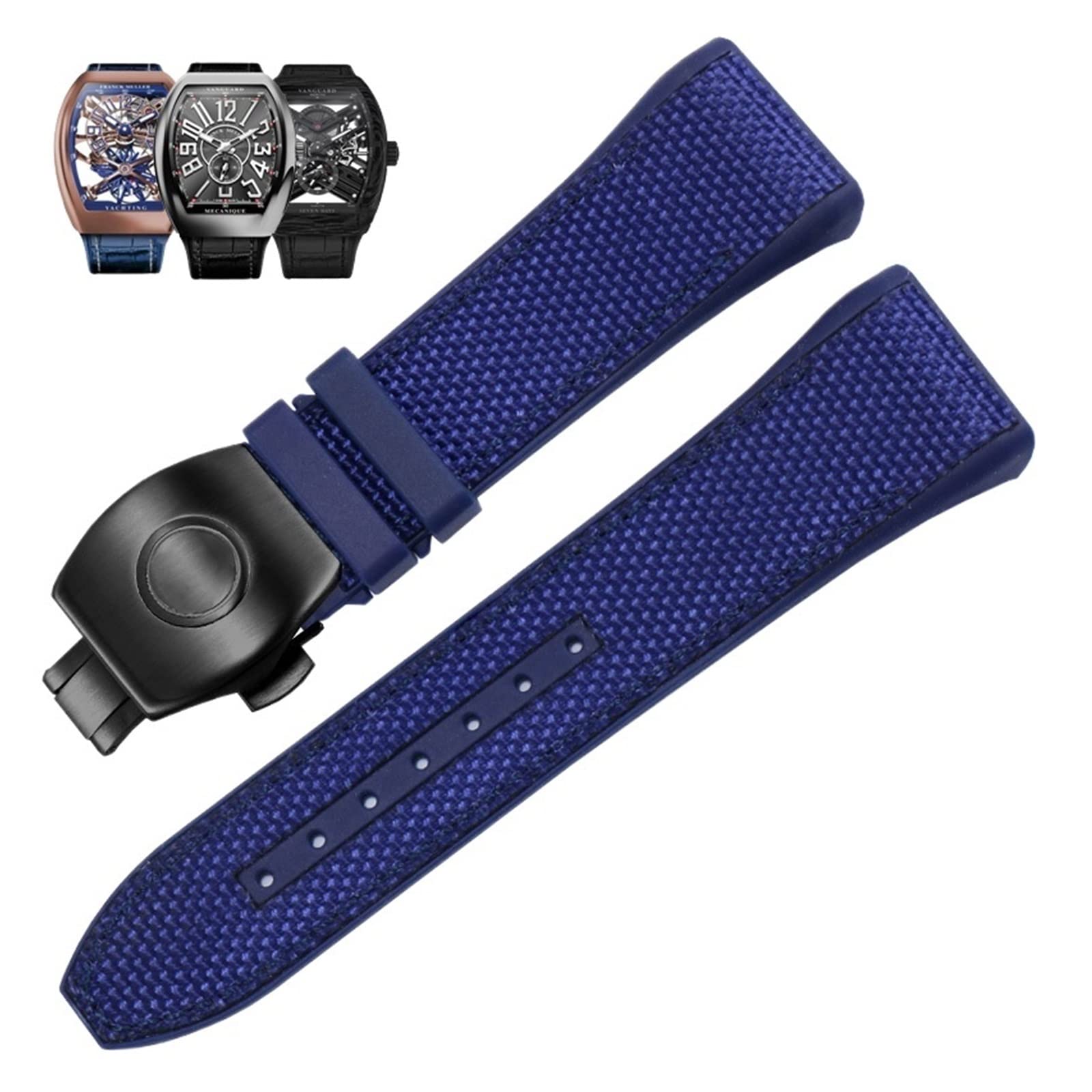 BIK Correa de reloj de silicona de cuero genuino de nailon de 28 mm, correa de reloj con hebilla plegable azul negra para Franck Muller V45 Series correas de reloj (azul-negro)