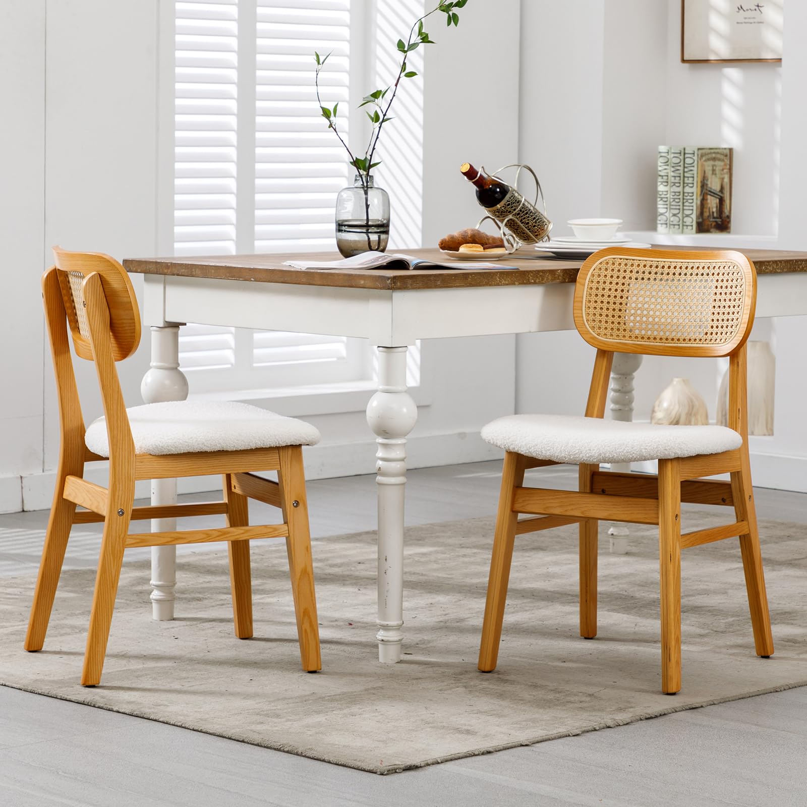 chairus Juego 2 de Sillas de Comedor Madera Maciza Sillas de Cocina con Respaldo Ratán, Sillas Tapizada de Lana para Restaurante/Cafetería, Beige