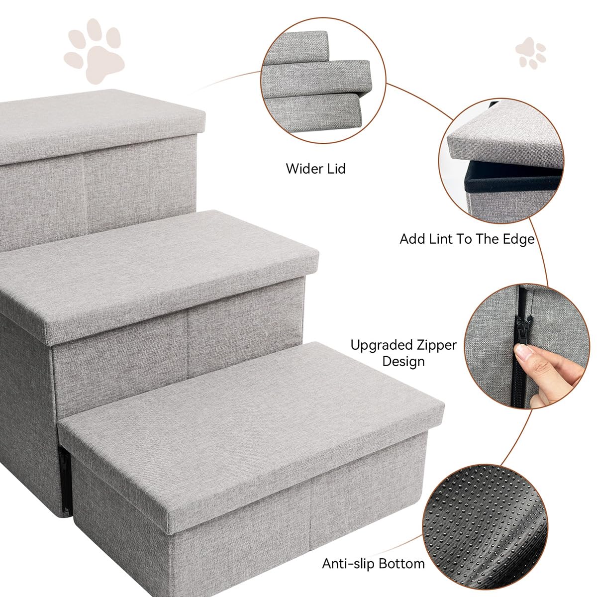 Dog Stairs, Dog Steps for High Beds, Foldable Pet Stairs for Small Dogs Puppy Dog with Storage for Bed and Couch Hold Up to 150 lbs (Smok Grey, 3 Steps no Condo)