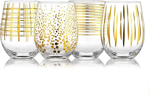 Joeyan Copas de vino sopladas a mano sin tallo con puntos dorados, patrón de tiras de espirales para vino tinto y blanco, vasos grandes de copa de