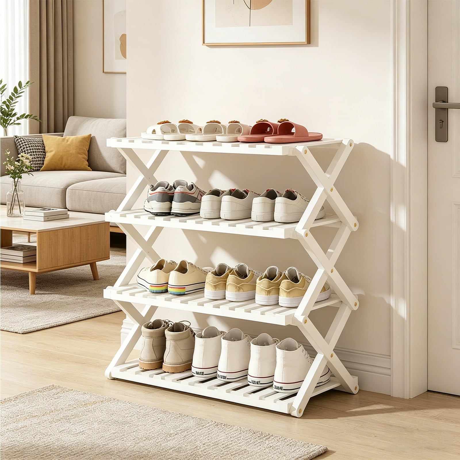 Étagère à chaussures pliable en bambou pour organiser l'entrée et le couloir
