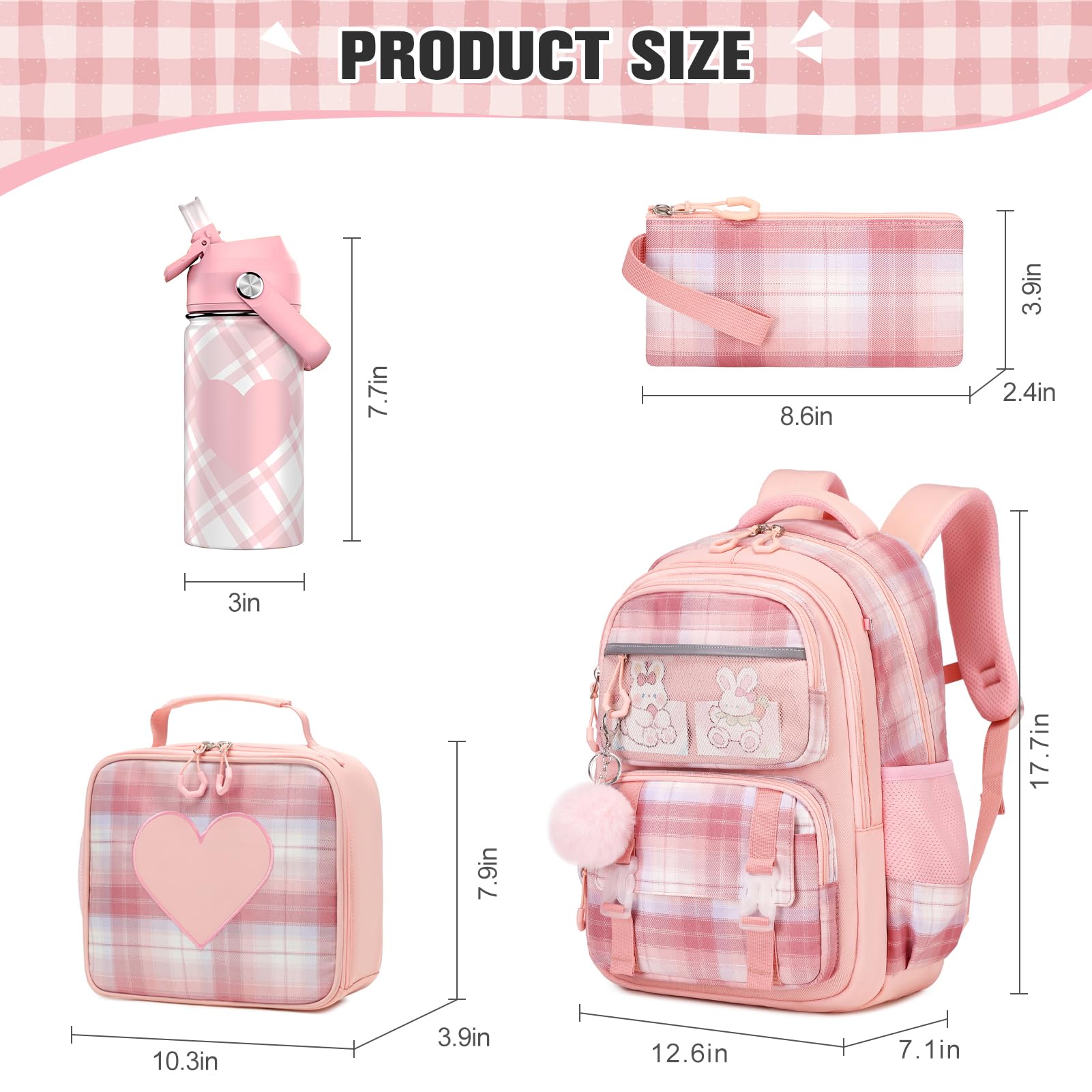 Bevalsa Kids Backpack for Girls with Insulated Water Bottle, Plaid Pink Bookbag Backpack for Girls Kid, 14oz Termos Kids Water Bottle Stainless Steel, Lunch Bag & Pencial Case, Back To School Gift