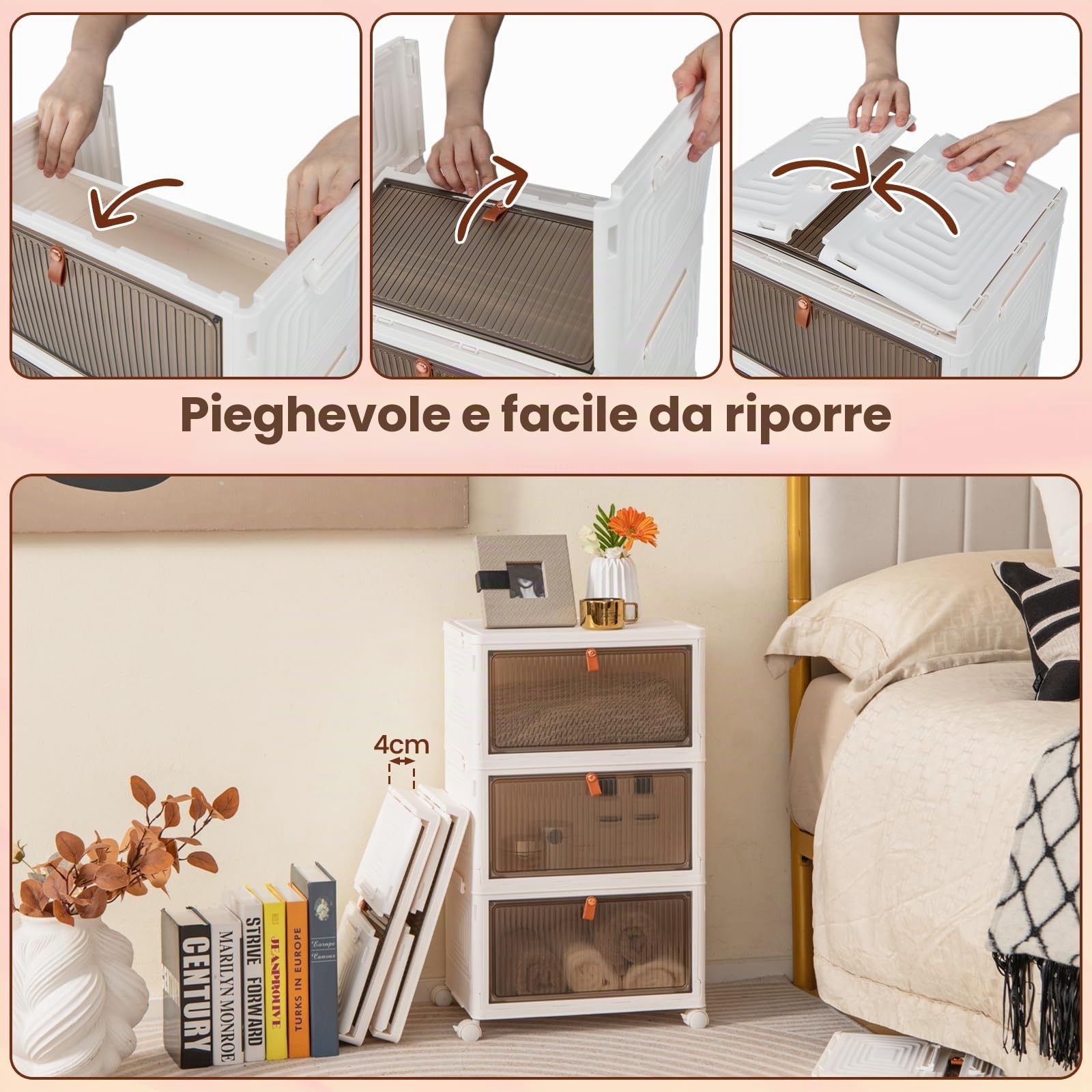 KOMFOTTEU Scatola portaoggetti a 6 livelli, contenitore impilabile con coperchi e ruote, scatola organizer trasparente, scatola pieghevole per camera da letto, soggiorno, 40 x 27,5 x 123 cm (6