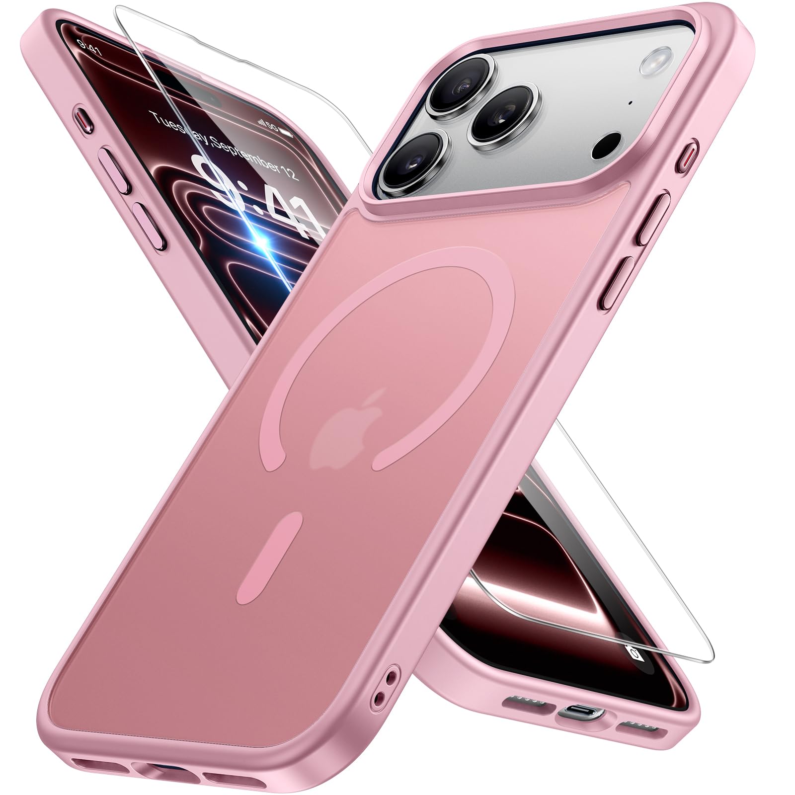 Miracase Magnetic for iPhone 17 Pro Case 6.3" with Screen Protector, [Compatible with MagSafe] Military-Grade Protection, Anti-Fingerprint, Slim Thin Phone Case for 17 Pro Cover, Pink