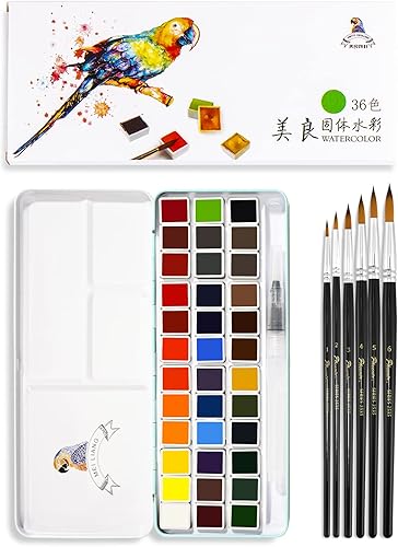 Miniatura 9 de MeiLiang - Juego de pintura de acuarela, 36 colores en caja portátil con anillo de metal y 7 pinceles de pintura, suministros de arte para pintura,