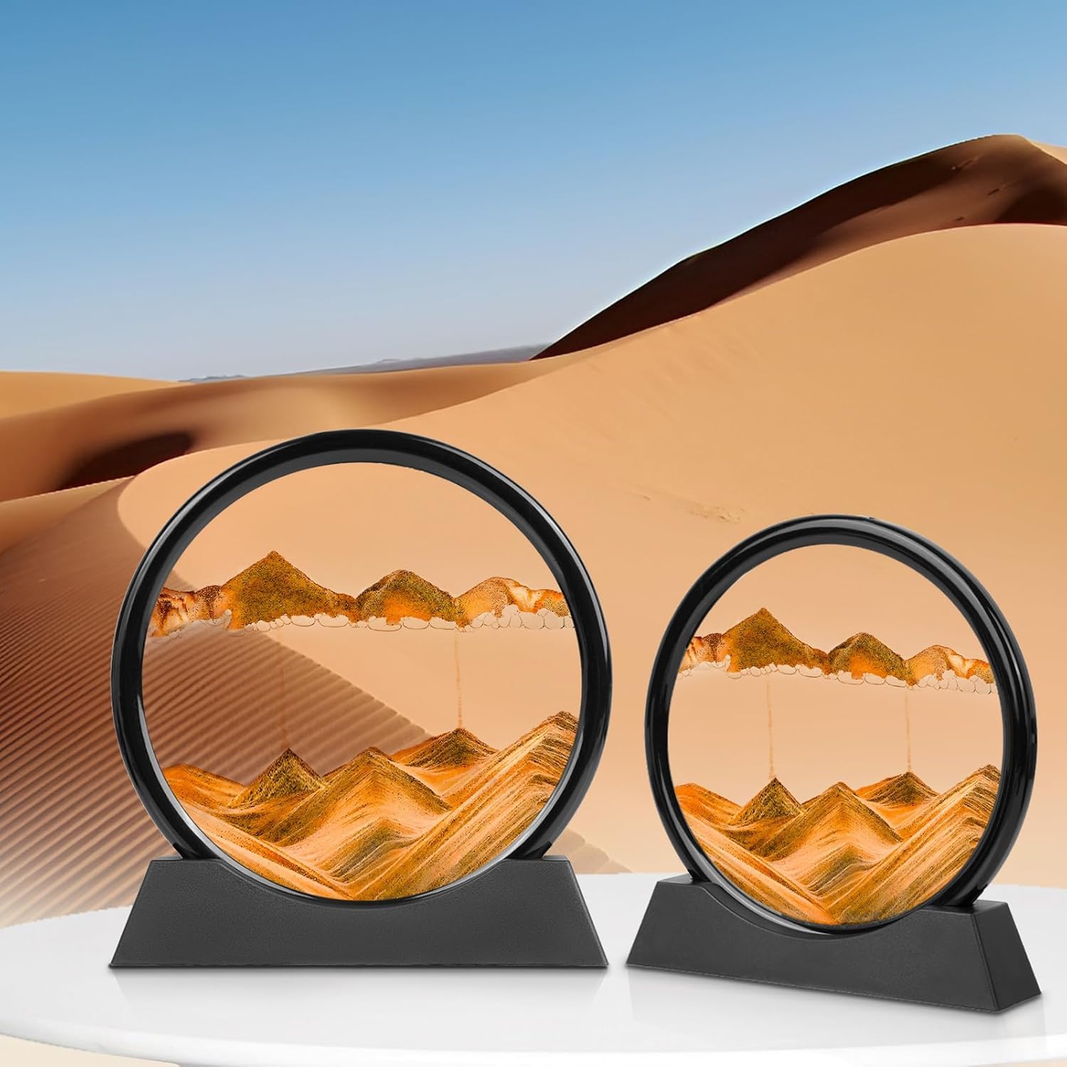 Evilia Ecom Moving Sand Art, 3D Liquid Motion Deep Sea Sandscape Color Quicksand Decor, Round Glass Flowing Sand Art Sandscapes Picture, Relaxing Desktop Home Office Work Decor, 7 inch Yellow 1