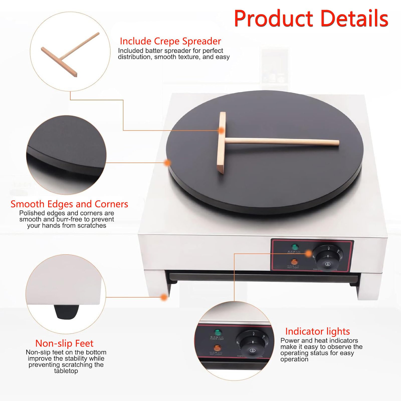 Sartén eléctrica para crepes, 16 pulgadas, antiadherente, 3000 W con espátula, placa de calefacción ajustable de 50 a 300 °C para crepes, panqueques y huevos
