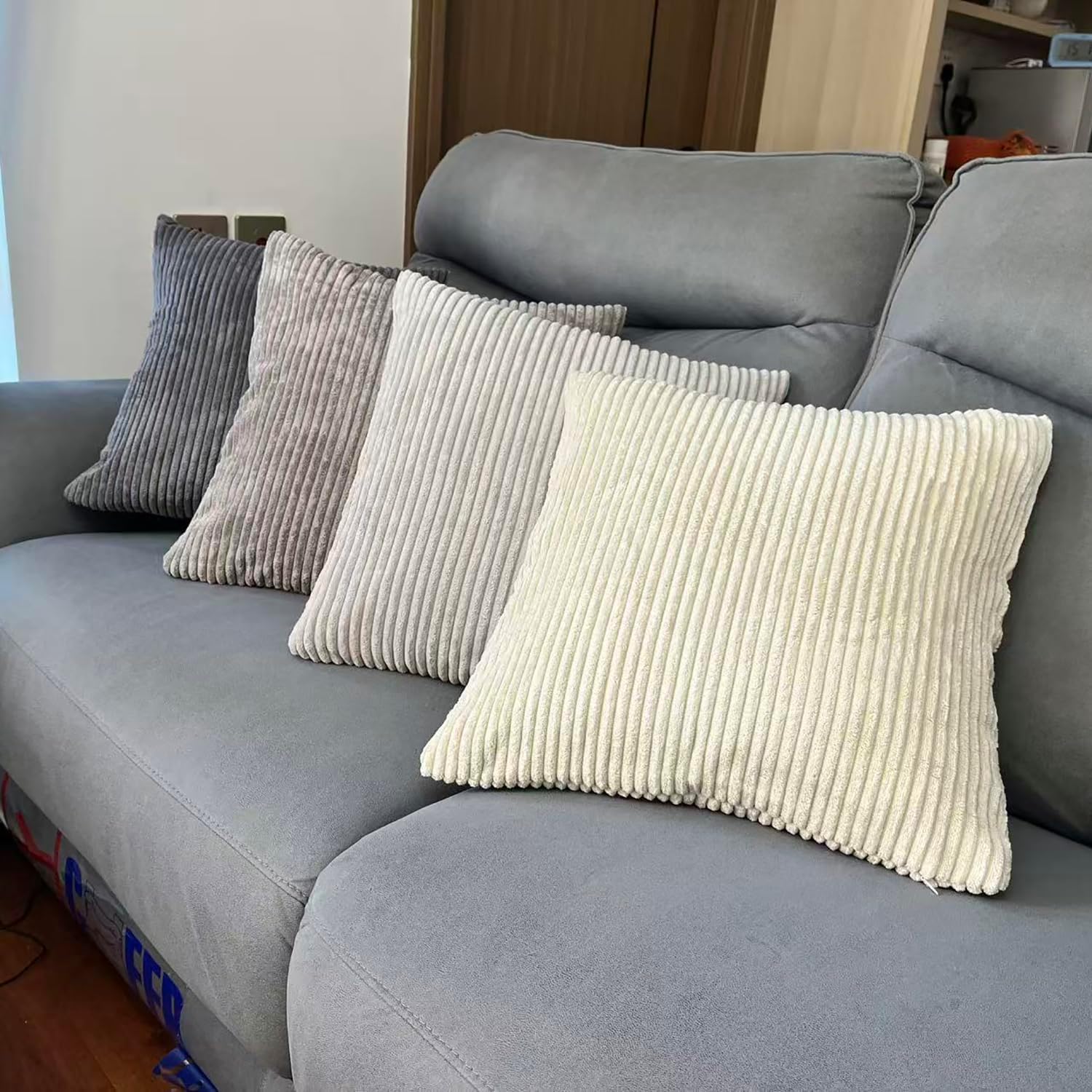 Simple Fashion Style Neutral Boho Farmhouse Throw Pillow Covers Set of 4 Mordern Gray Nordic Cushion Covers Soft Corduroy Home Decor for Couch Bed Sofa Living Room (4, Gray Series, 18 * 18)