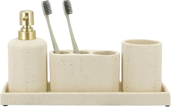 ZCCZ - Beige Bathroom Accessories Set of 4 - Toothbrush Holder, Soap Dispenser, Vanity Tray, Bathroom Tumbler - Countertop Vanity Organizer - Bathroom Accessory Set - Toothbrush Holder Set, Stone Set