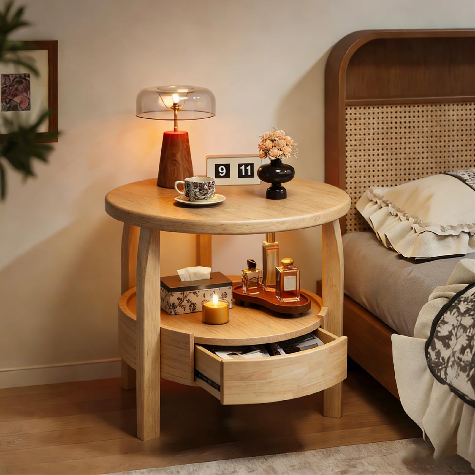 SXZenSpace Round Coffee Table with Hidden Drawer, End Storage, Living Room Small Bedside Table, Rustic Circular Sofa Side for Bedroom Study, Beige, 50cm