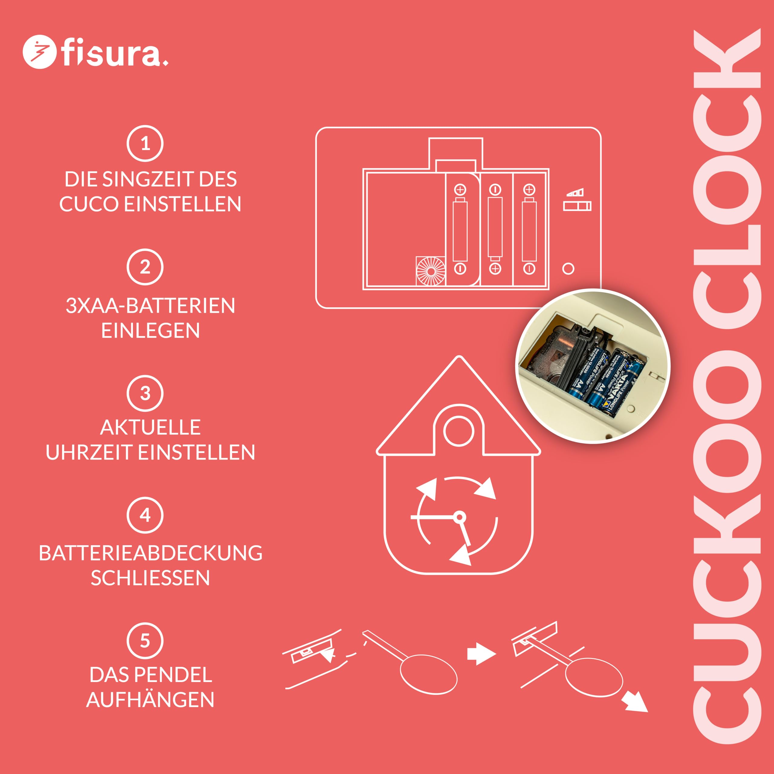 Fisura - Kuckucksuhr mit Streifen und rotem Zifferblatt – Bild 3