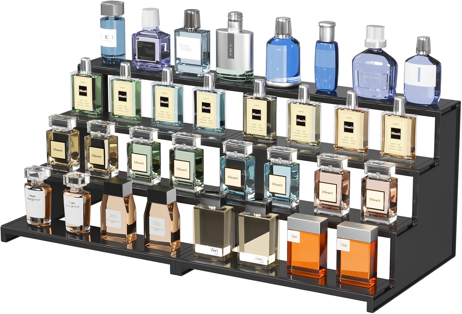Organizador de perfumes de 12 pulgadas, fabricado en plástico resistente, ideal para exhibir perfumes, productos de belleza y decoraciones. Diseño elegante y moderno, fácil de montar sin herramientas. Disponible en múltiples kits de cantidad para satisfacer las necesidades de minoristas y mayoristas.
