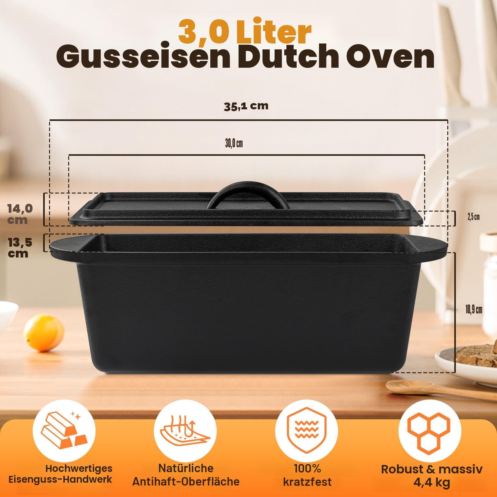 NZQXJXZ 35cm Brotbackform mit Deckel, Gusseisen Topf Dutch Oven Gusseisenpfanne für Brot Backen, Banneton Brot Gärkorb Sauerteig Brotbacken Zubehör für Laib Form, Toast Brotbackform Eckig