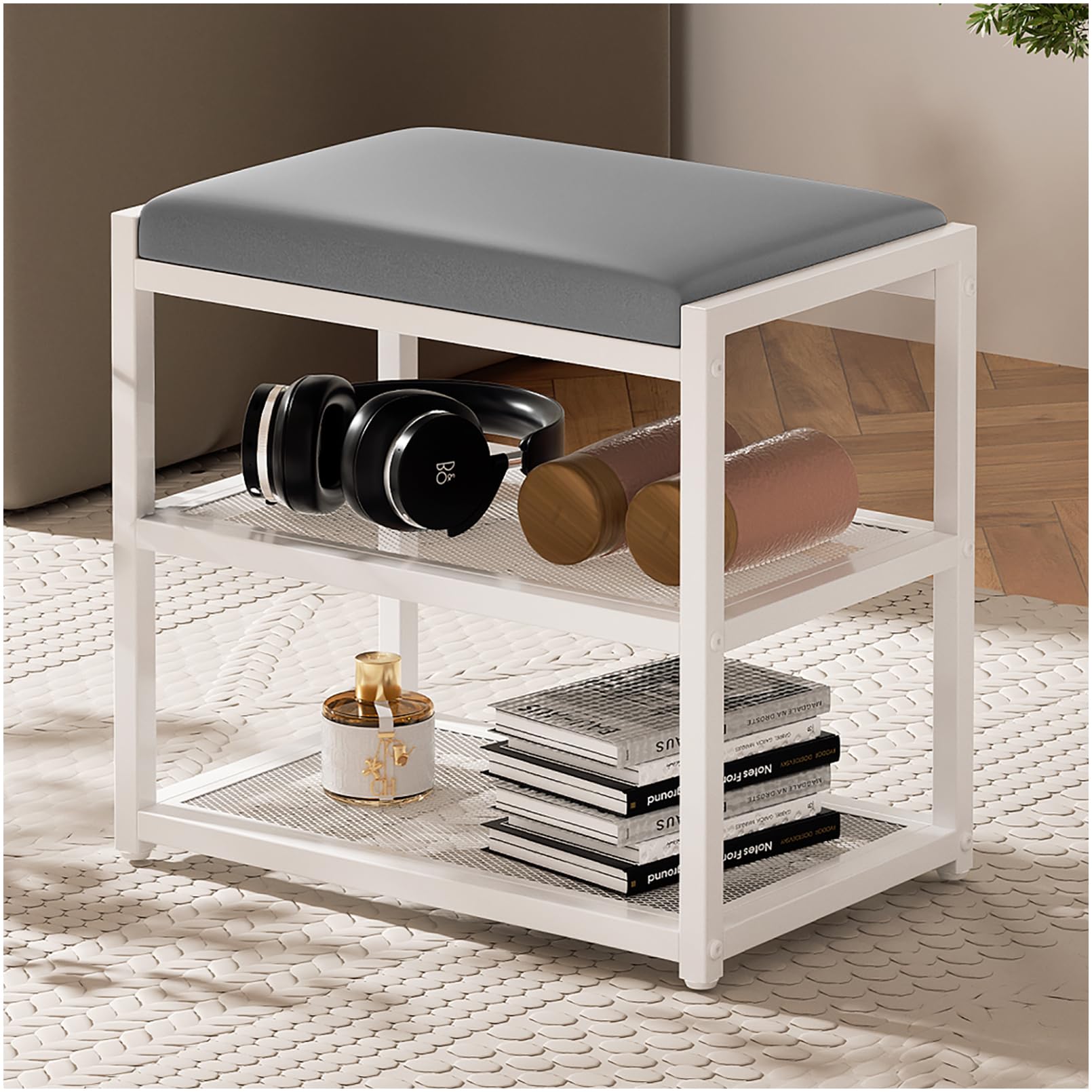 ZHOOGE Small Ottoman with Storage, Vanity Stool Chair Faux Fur, Foot Ottoman, Square Makeup Stool for Small Spaces, Living Room, Bedroom, Bathroom,