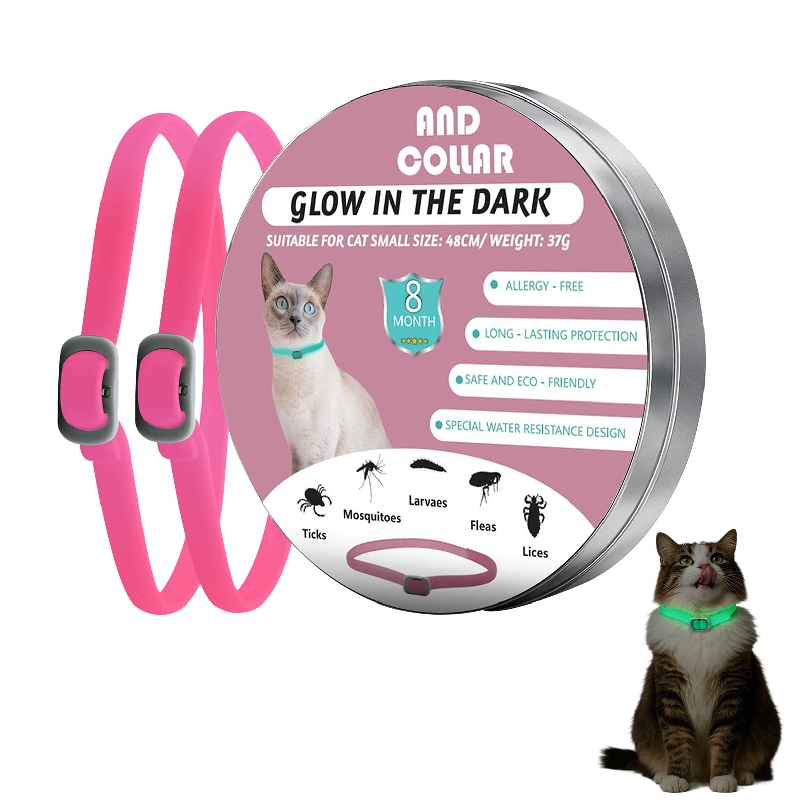 DOINEUFL 2 Pack Light Up Collar for Cats, Cat Collar to Prevent Infections, 18.9in Special Water Resistance Design Adjustable Cat Collars, Glow in the Dark, Contains Natural Essential Oils (Pink)