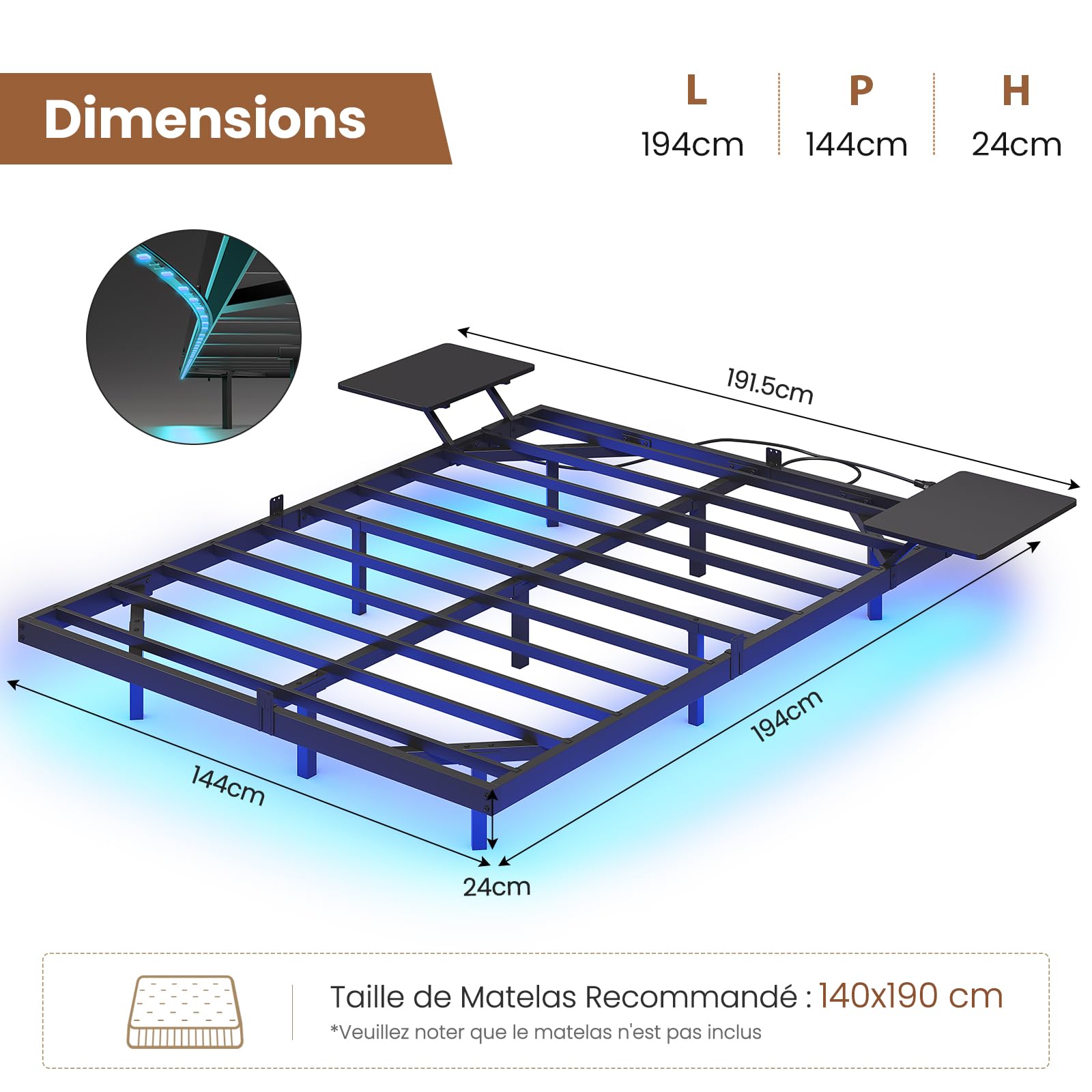 AOGLLATI Lit 2 Personnes avec 2 Étagères de Chevet,Cadre de Lit avec 140 x 190 avec Sommier Métal,Multiprise et Éclairage LED, 24 CM de Rangement pour Chambre, Noir
