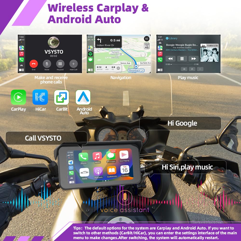 VSYSTO Dual 2K Wireless Carplay Motorrad Dashcam, 6,25 Zoll Touchscreen, 5G WLAN, Parküberwachung, Reifendrucküberwachung, Rückfahrmodus, GPS, kabelgebundener Controller, Temperaturanzeige (CS6)
