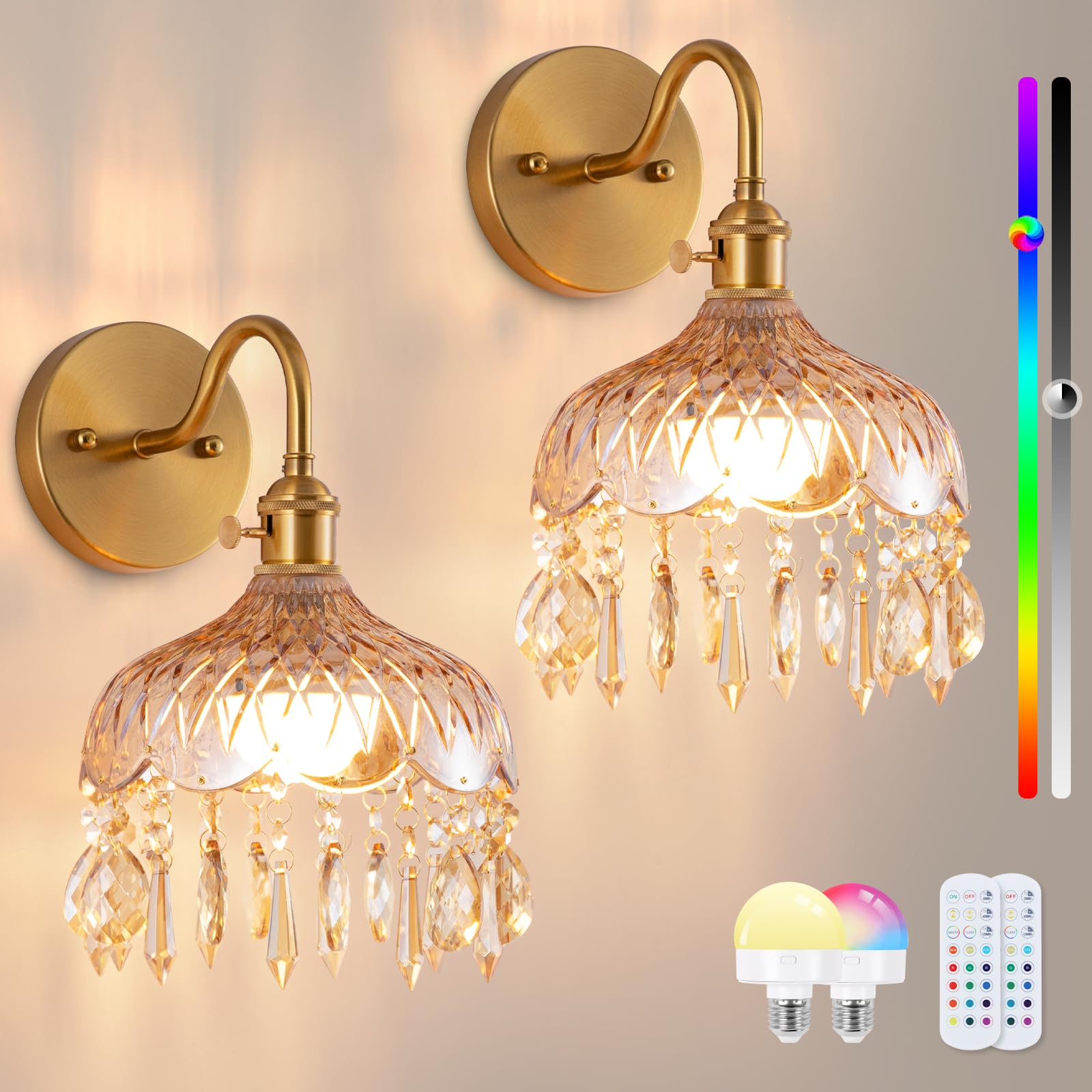 EIDEARAY Battery Operated Wall Lights,Rechargeable Wall Lights with RGB Dimmable Remote Control,Antique Battery Brass Wall Light,Amber Crystal Lampshade for Living Room Bedroom Hallway 2-Pack โ image 1