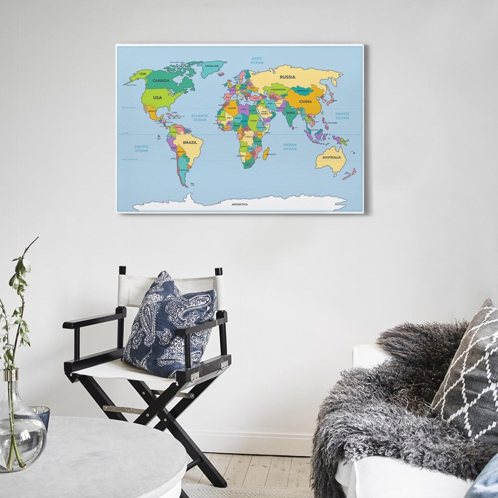 Poster Mappa Del Mondo Ricamata Per Bambini - Bon Et Beau, 81x61 Cm, Con Gancio In Legno, Decorazione Parete Neutra