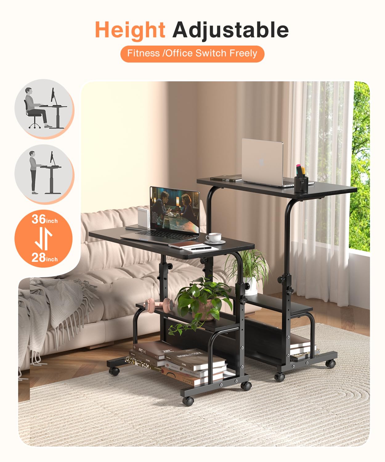 Escritorio portátil con ruedas de altura ajustable para espacios pequeños, escritorio de computadora de 32 pulgadas con estantes de almacenamiento para oficina en casa, color negro 5