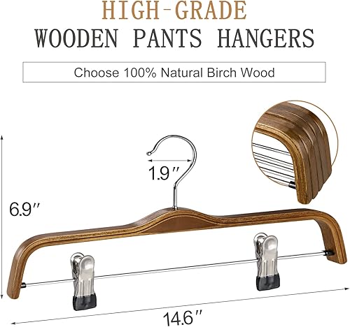 Miniatura 2 de TOPIA HANGER Perchas de madera para pantalones, perchas delgadas de madera natural para faldas con gancho antioxidante y clips de metal ajustables,