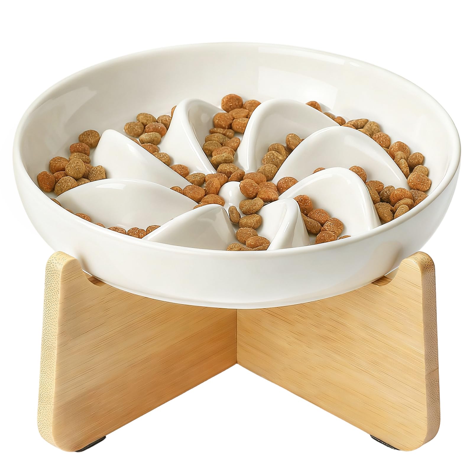 PETTOM Slow Feeder Cat Bowl Ceramic with Bamboo Stand, Raised Rim Spill Proof Slow Eating Cats Bowls for Wet Food/Dry Food(White) โ image 1