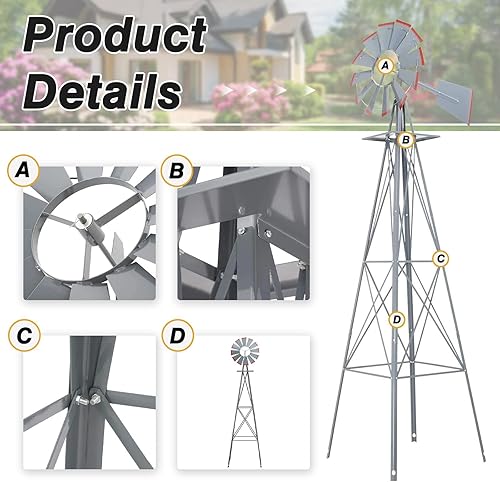Miniatura 3 de Molino de viento ornamental de 8 pies para jardín, paleta de metal pesado, 4 patas, diseño de molino de viento para exteriores, patio, césped y