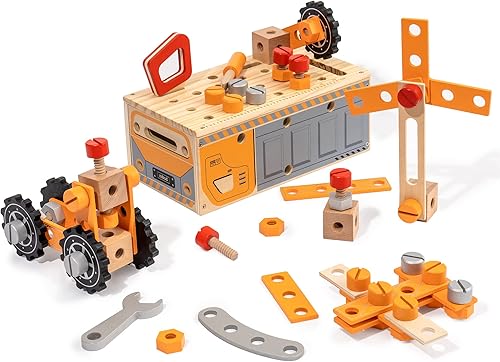 Miniatura 8 de ROBUD Juego de banco de herramientas de madera creativo para niños, juguetes de taller de construcción para niños y niñas de 3 a 8 años