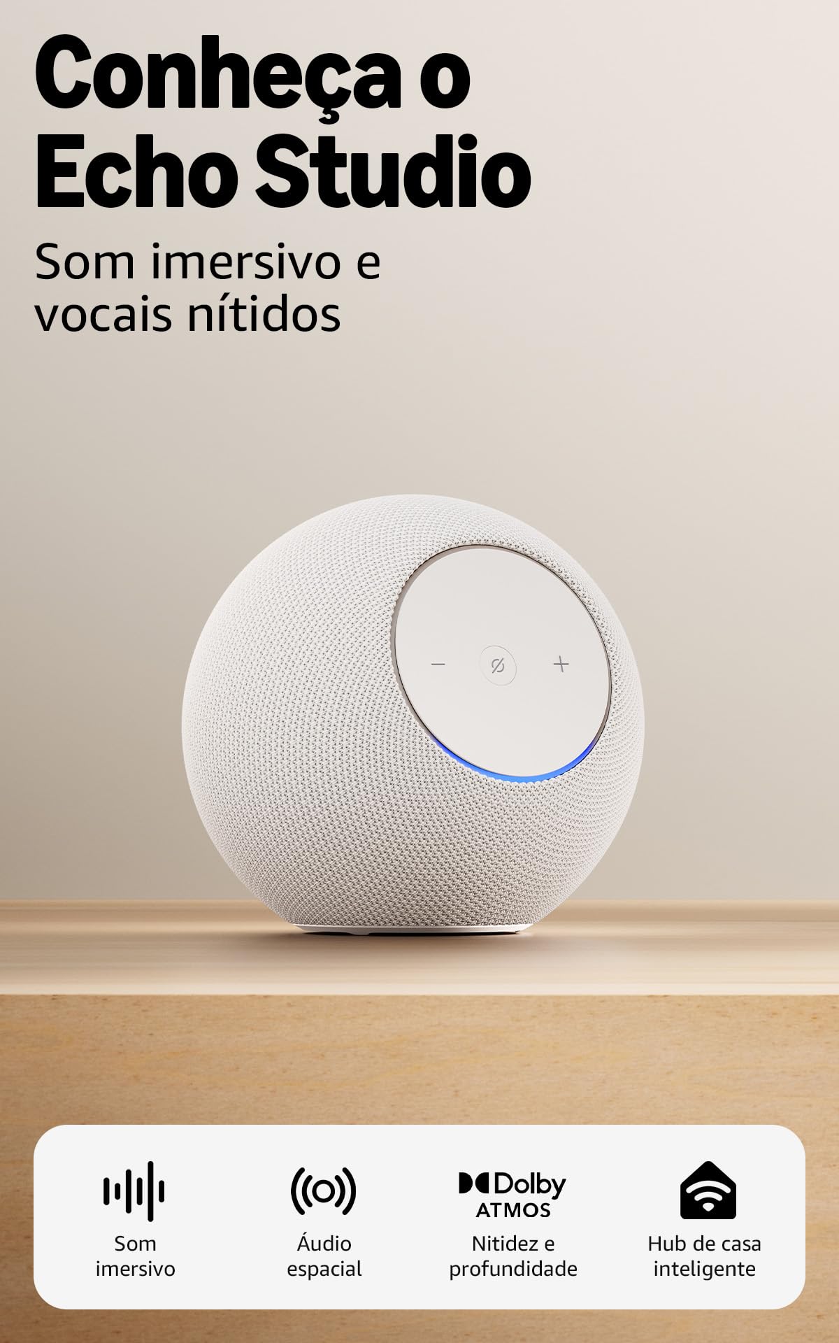 Amazon Echo Studio (Geração mais recente), com design compacto, áudio espacial imersivo e Dolby Atmos, Cor Branca