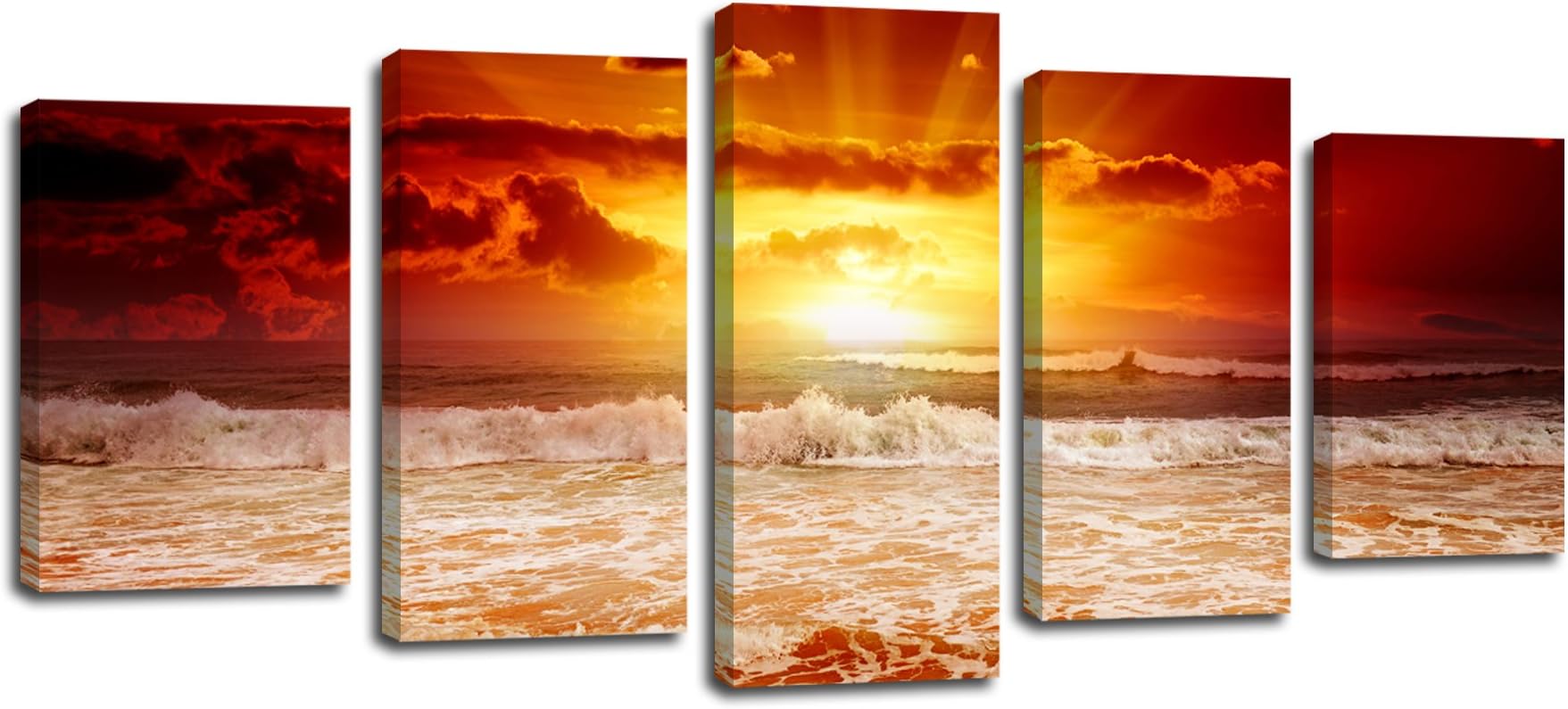 Laiwang-Framed Wall Art Canvas Prints Painting Pictures Sunrise Seascape Waves Art for Living Room Bedroom Kitchen Office Home Wall Decorations 5 Panels