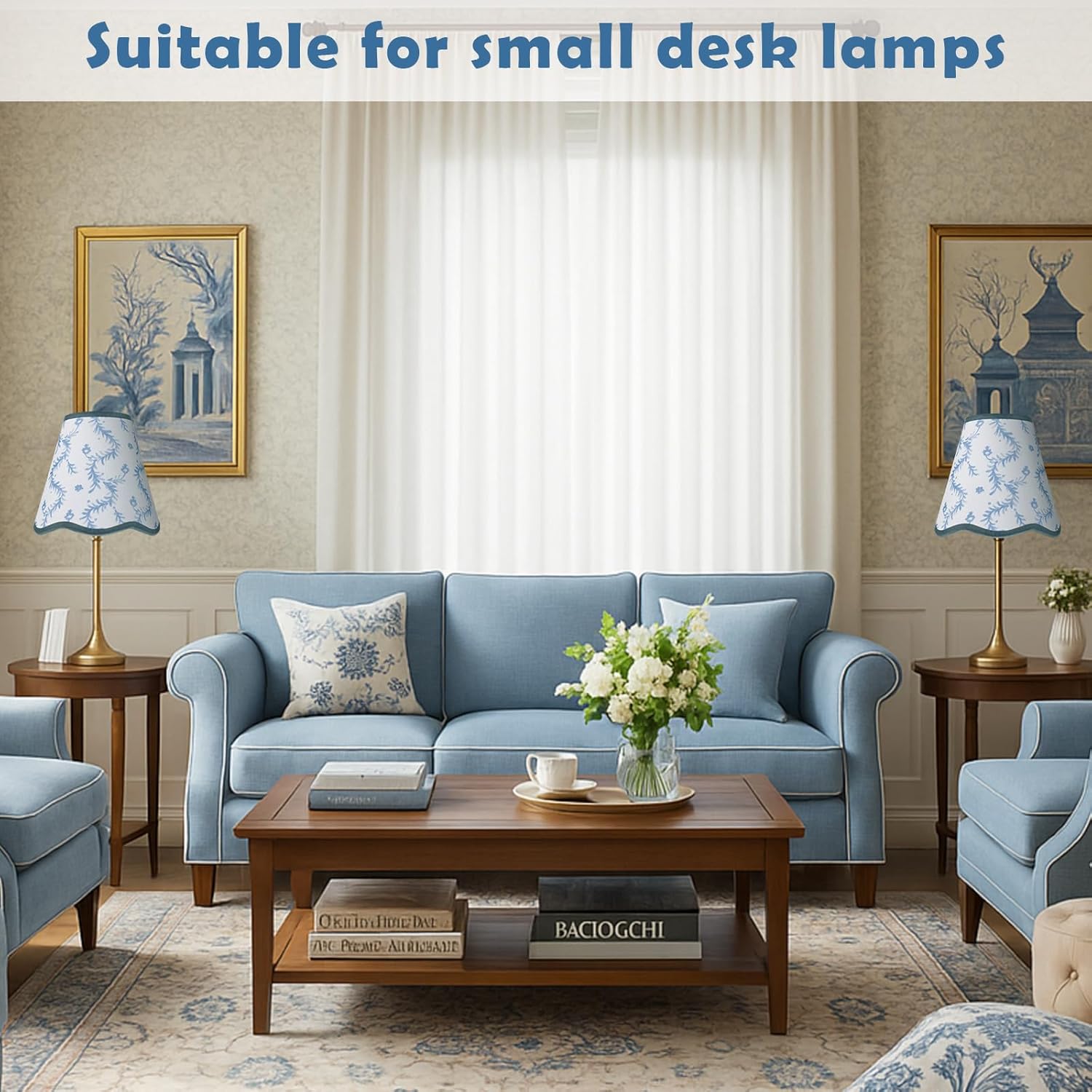VIHOSE 2 Pcs Small Scalloped Lamp Shades Chandelier Lamp Shades 3 x 6 x 6 Inch Blue and White Linen Fabric Mini Scallop Lampshades with Trim Natural Tapered Lampshades for Wall Sconce Pendant Light