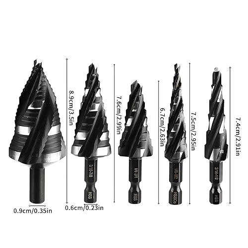 Miniatura 2 de Juego de brocas escalonadas, 5 piezas, cuatro puntas de flauta en espiral para metal, 43 tamaños de brocas HSS recubiertas de titanio con vástago