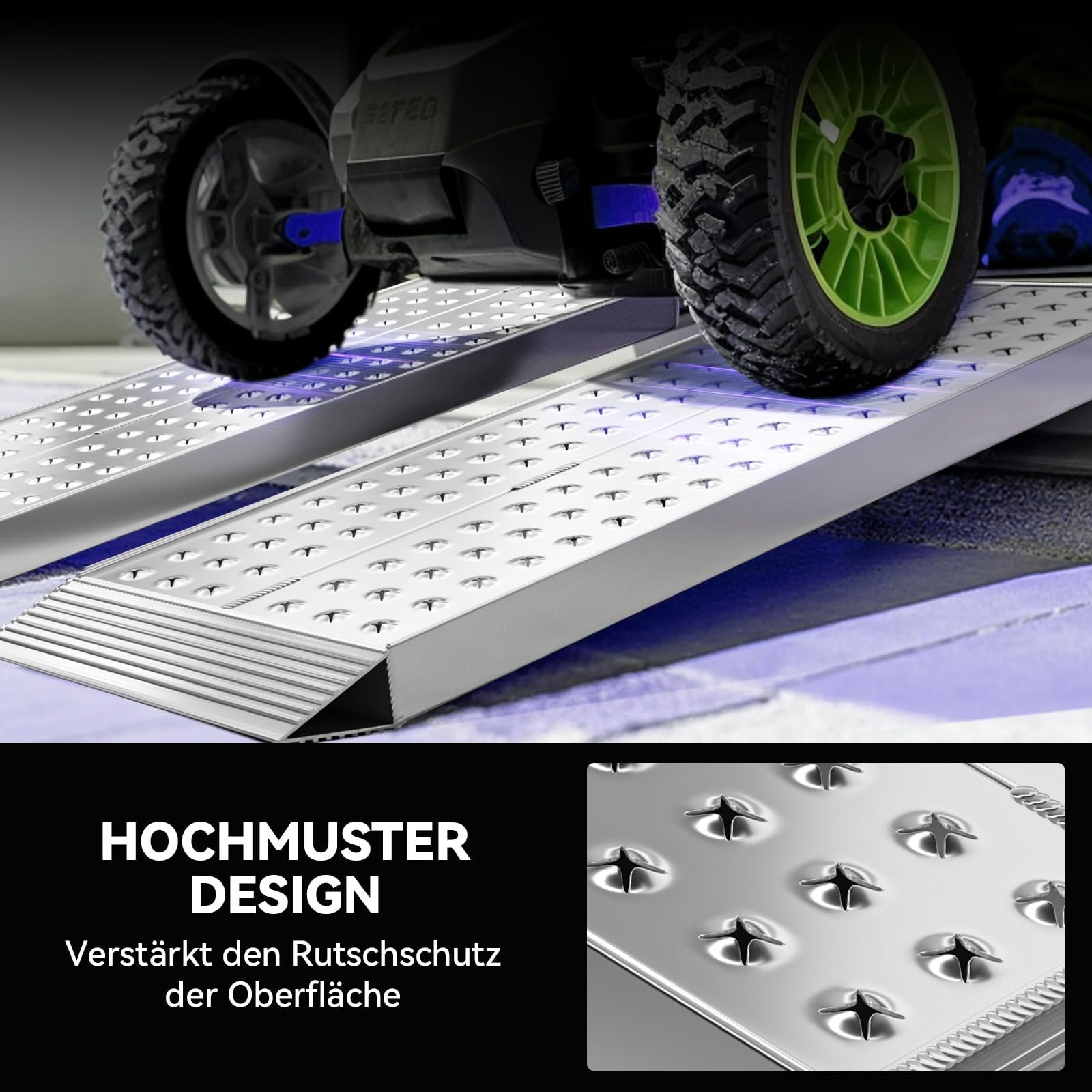 FACHNUO Stabile Aluminium-Rampen 100x30 cm | Laderampe, 680 kg Tragfähigkeit, rutschfest für Schuppen/Rasenmäher | Für Schneefräsen, Motorräder, Crossbikes & ATVs | 2er-Set, Silber