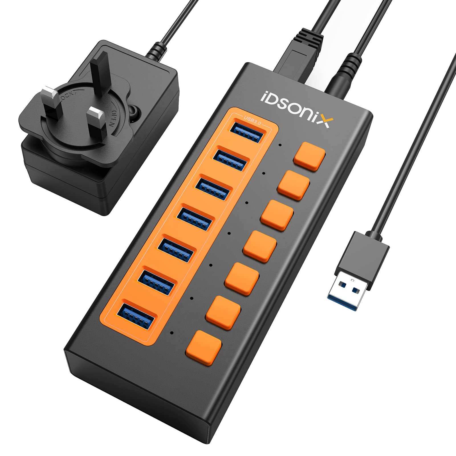 iDsonix Powered USB Hub 3.0, Aluminium 7-Port USB-Splitter-Multiport-Adapter mit 100 cm Kabel, 24W Netzteil, separaten EIN-/Ausschaltern, 5 Gbit/s USB-Extender für Desktop-PCs, Laptops, MacBooks