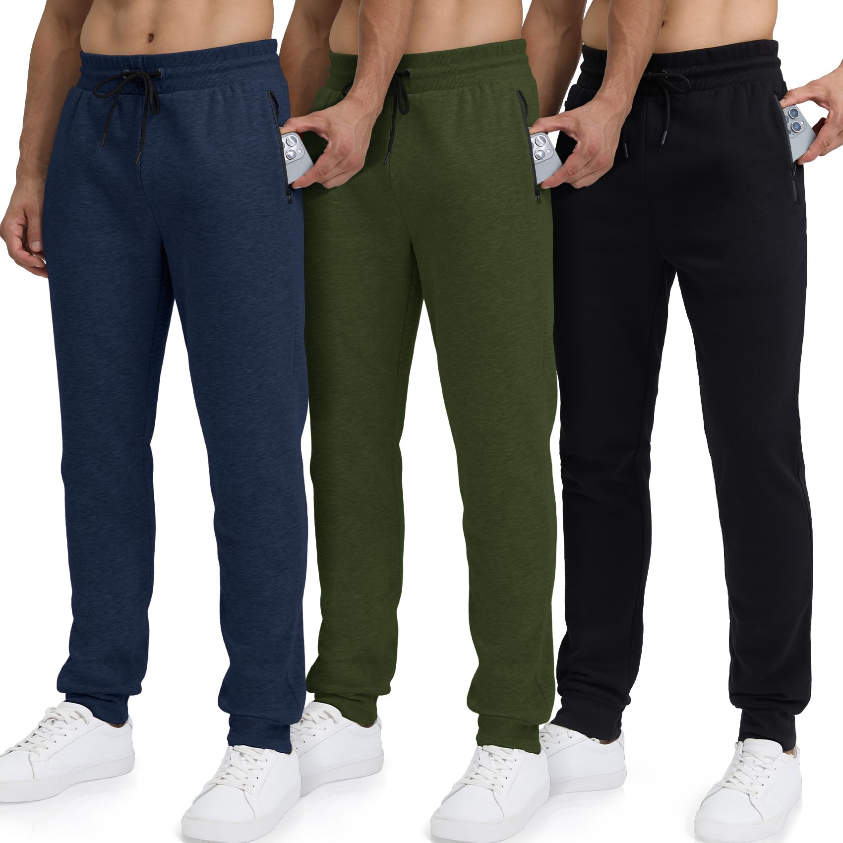 Sweatpants for Men Fleece 3 Pack Joggers Gym Workout Athletic Track Mens Sweat Pants Cotton with Zipper Pockets