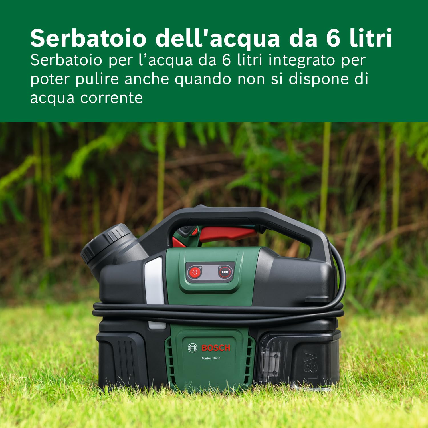 Bosch Idropulitrice a batteria portatile Fontus 18V-6 per bici (serbatoio dell'acqua da 6 L, 8 impostazioni di pressione, vano per tubo e pistola, con 1 batteria da 2,0 Ah 18V, caricatore)