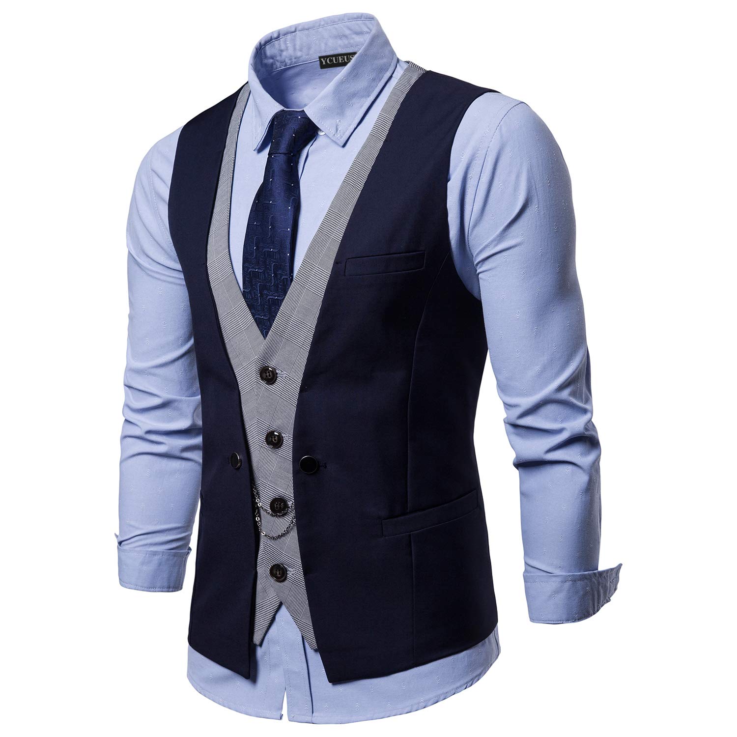 Fake Due Pezzi Gilet Uomo Slim Fit Blazer Senza Maniche Cerimonia Waistcoat