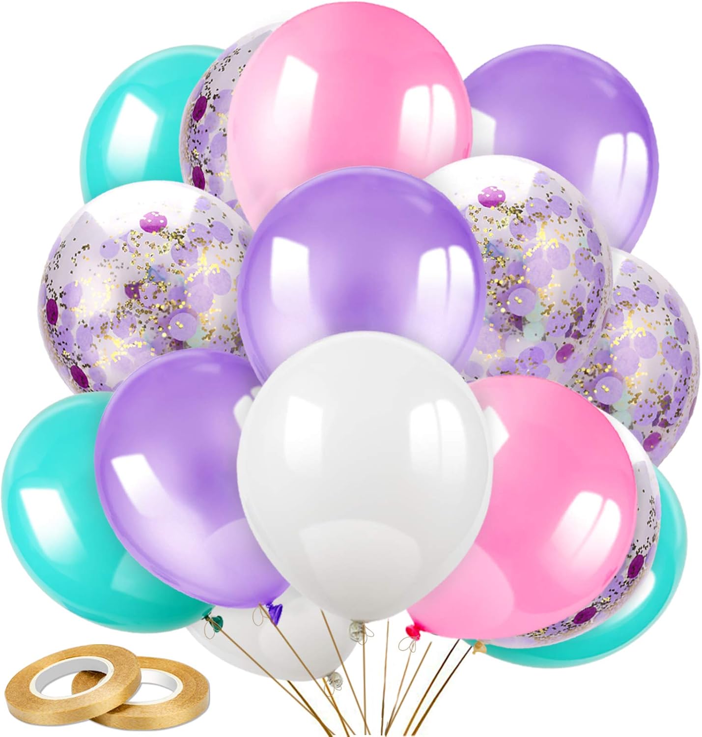 Konsait 50pcs 12 Inch Light Purple Seafoam White Pink Balloons Confetti Balloons Latex Balloons for Wedding Baby Shower Mermaid Unicorn Birthday Party Decoration Supplies with Ribbon