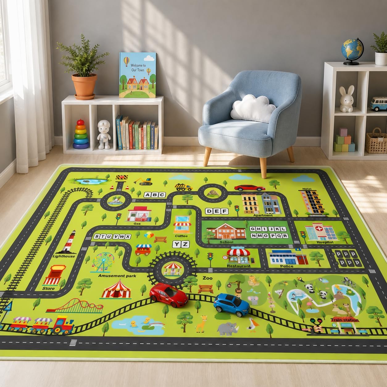 Kids City Road Area Rug, 5' x 3' Low-Pile Non-Slip Floor Rug for Toy Cars, Playroom Bedroom Classroom, Washable Children's Area Rug Used for Toy-Car Play, Ages 3+ image 5