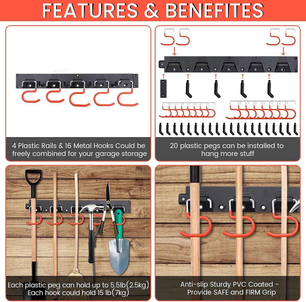 MOHOO 64 Inch Adjustable Tool Hanger Wall Holder for Garden Tools, Wall Mount Tool Organizer, Garage Tool Rack, Heavy Duty Shovel Hanger with 4 Rails 16 Hooks