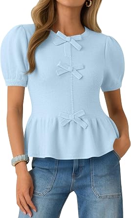 Zyyfly Womens Puff Short Sleeve Pullover Sweater Babydoll Decorative Bow Spring Knit Cropped Peplum Tops