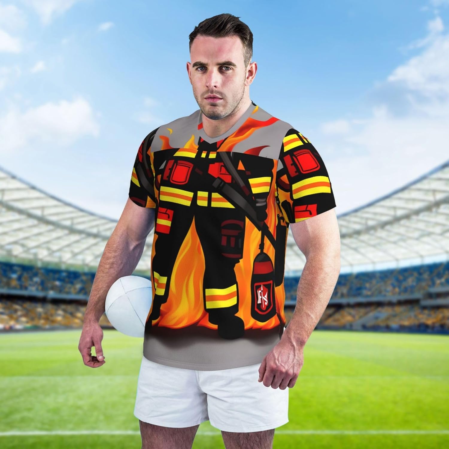 Firefighter Fireman Rugby Football Jersey for Men, Comfortable V-Neck Loose Fit Top for Team Sports Athletics
