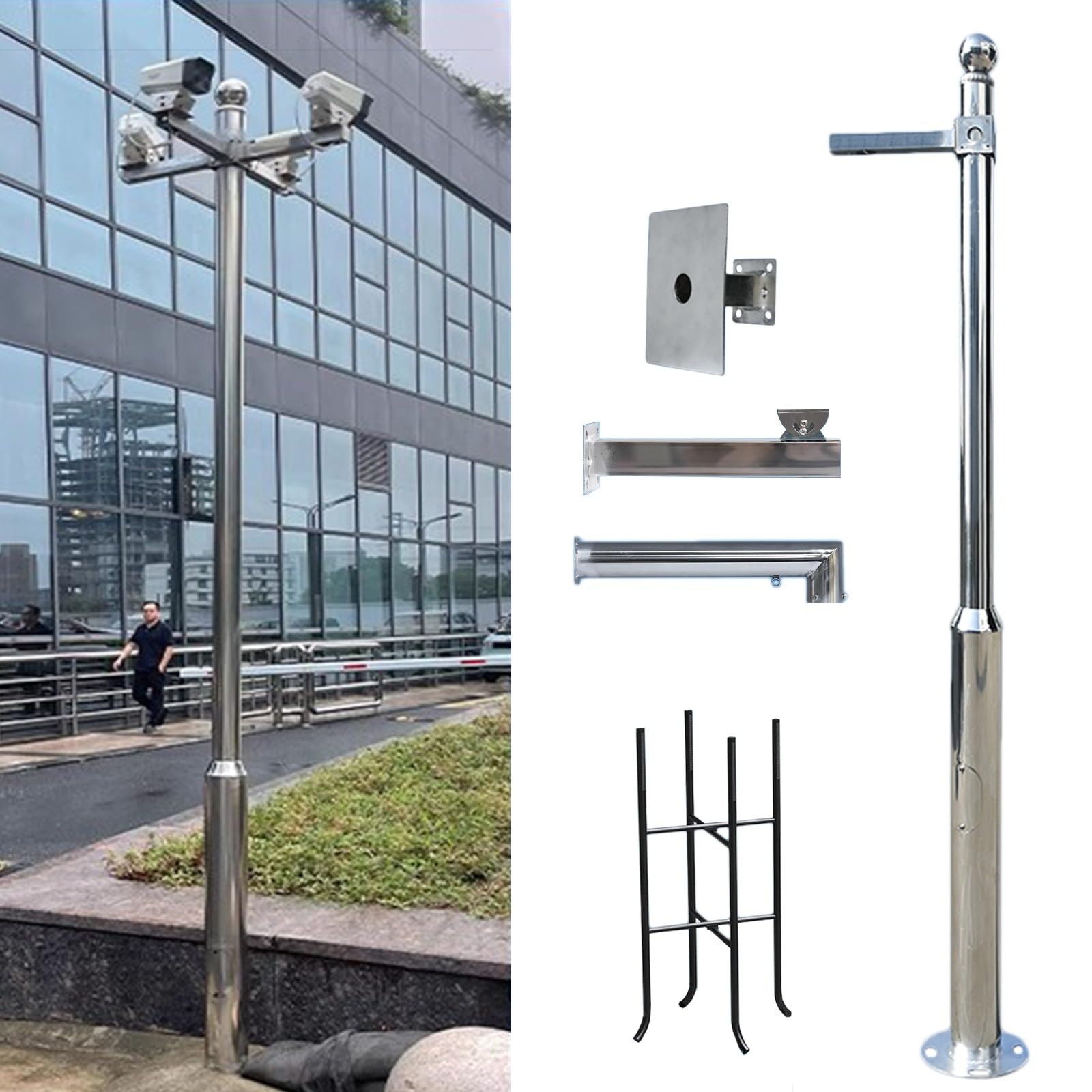 ERRULAN üBerwachungskamera Halterung Sicherheitskamerapfosten für den Außenbereich, Weitwinkel-Kameraüberwachungsmast und Blitzableiterhalterung, Allwetter-CCTV-Montagemast aus Edelstah(Height 4.5m)