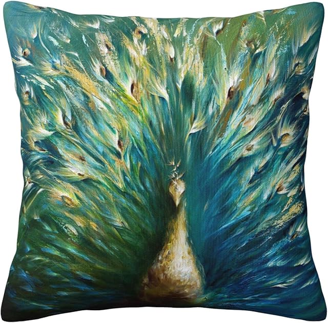 xiaoqiang Beautiful Blue-Green Peacock Double Sided Cushion Covers Exquisite Animal Oil Painting Plush Pillowcases Square Pillow Cases for Sofa Bed Home Decor 45 x 45 cm