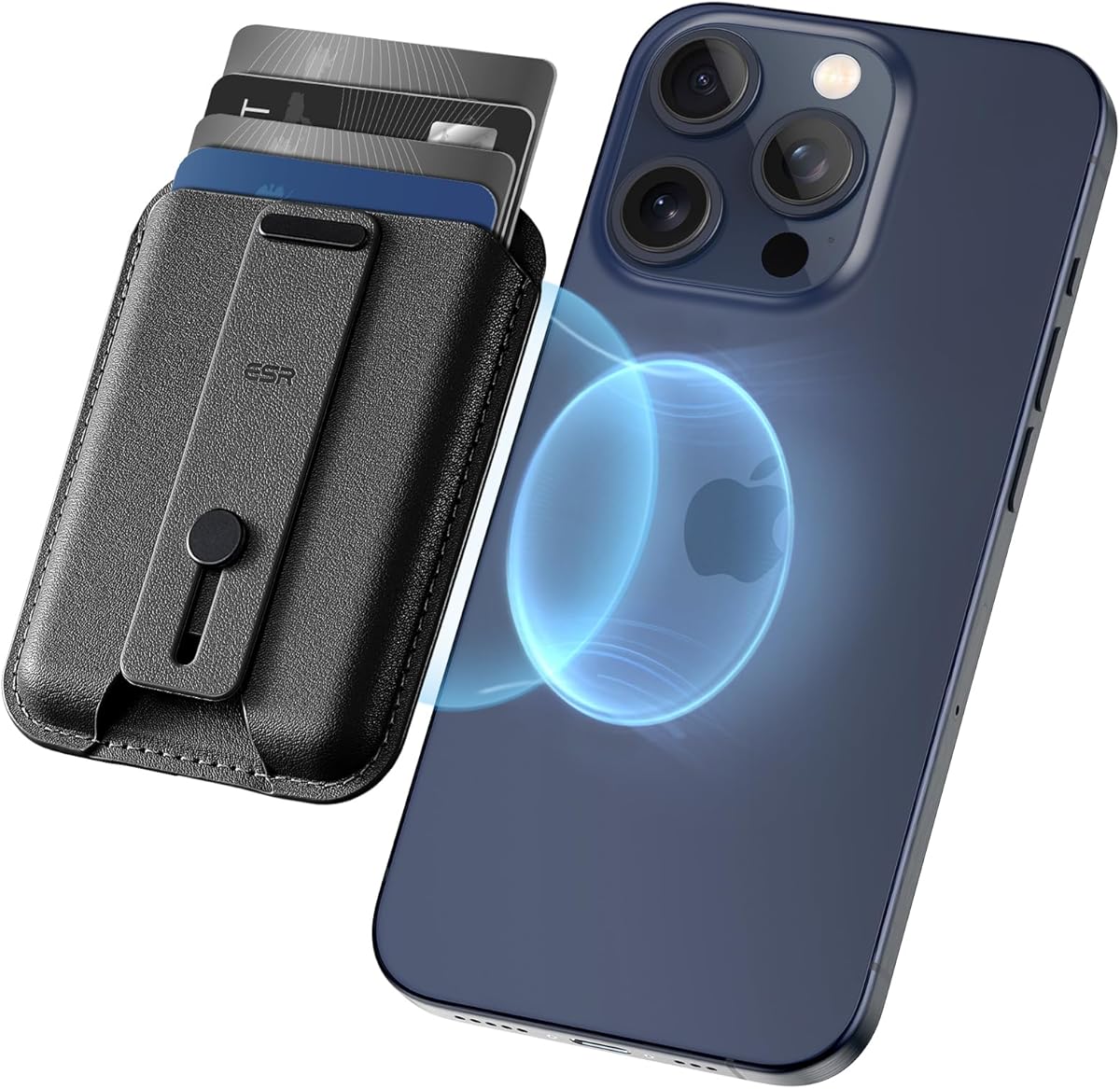 ESR for MagSafe Wallet, iPhone Wallet with 5-Card Holder, Secure-Grip Finger Loop, Magnetic Card Holder for iPhone 15/14/13/12 Series, Not for 13/12 mini, Vegan Leather, Black